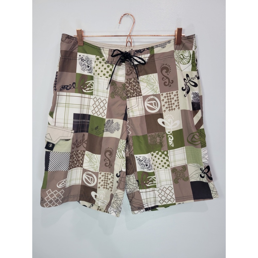 Reef Mens Board Shorts Size 36 Green Brown Patchwork Graphic Print Surf Trunks